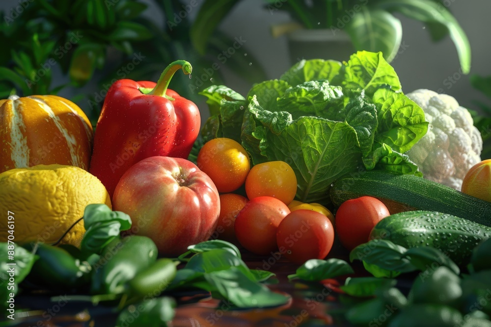 Poster A colorful array of fruits and vegetables on a wooden table, ideal for use in food styling or as a prop for photography