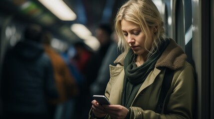 Fototapeta premium Candid morning shot of a woman using her smartphone during her subway commute, engrossed in work and connectivity