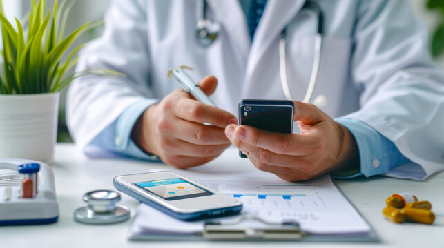 Doctor using a smartphone and medical devices for telemedicine, analyzing patient data on mobile health app in a modern medical office