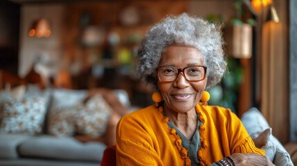 Portrait of beautiful senior African-American woman with vibrant orange blouse and earrings, sitting in cozy living room, copy space