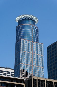 Minneapolis, Minnesota, U.S.A - July 12, 2024 - The distance view of the top of Capella Tower