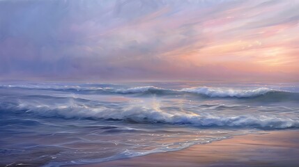 South Haven Beach at dawn, with mist rolling over gentle waves under a pastel-colored sky.