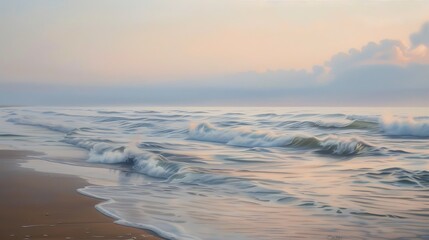 Obraz premium South Haven Beach at dawn, with mist rolling over gentle waves under a pastel-colored sky.