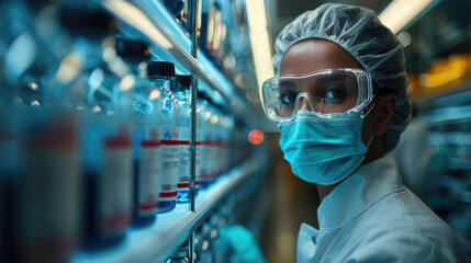 person working in a medical research laboratory, sterile and confined environment
