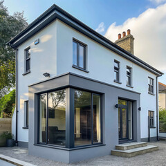 Glazed veranda with a flat roof on the external facade of an existing semi-detached house with glazing in a loft style