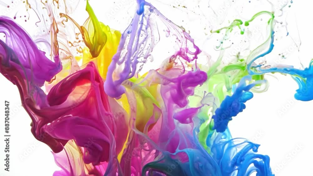 Poster Vibrant streaks of ink in various colors swirl and mix together in a clear liquid, creating a dynamic abstract design.