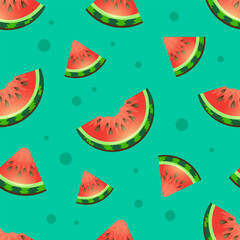 Seamless Green Pattern of Red Watermelon Slices with seeds. Bright Positive summer fruit background. Seamless watermelons pattern. Background with red sweet watermelon slices.