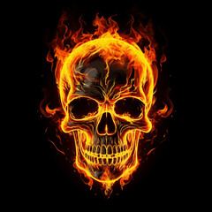 Fiery Skull with Flames, Intense Glowing, Black Background