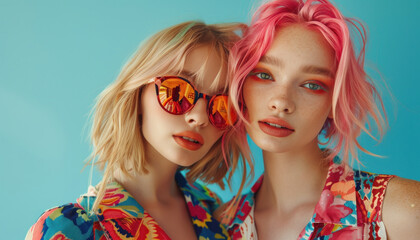 Fototapeta premium Portrait of Two Girls with Pink Hair