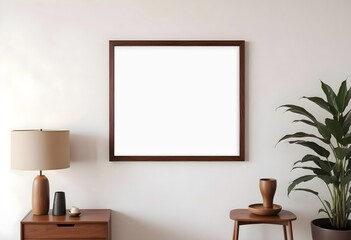 A wooden photo frame on the wall in a minimalist design with space for text, frame mockup	
