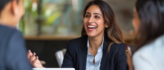  Indian business woman laughing while having a meeting with her team in the office