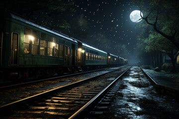 Naklejka premium An abandoned railway station platform bathed in soft moonlight, where the only movement is the rustling of leaves. Concept of nocturnal silence and railway solitude. Generative Ai.
