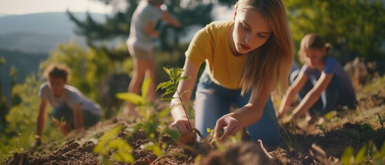 Fototapeta premium Young people planting trees together to help make the world green and sustainable