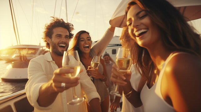 Group of diverse friends drink champagne while having a party in yacht. Attractive young men and women hanging out, celebrating holiday vacation trip while catamaran boat sailing - Powered by Adobe