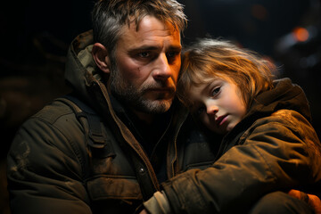 Fototapeta premium A father consoling his child after a difficult day, offering words of comfort and understanding. Concept of emotional support and parental empathy. Generative Ai.