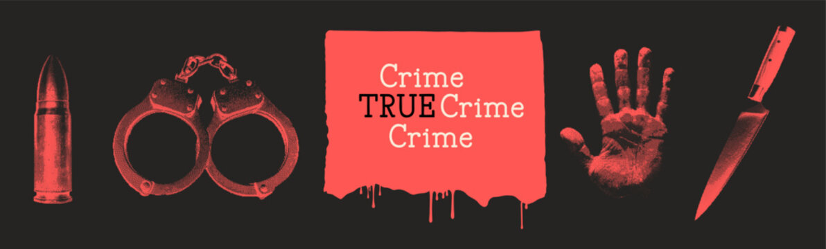 Retro true crime halftone collage. Bullet, handcuffs, handprint, and knife. Modern Y2K mixed media. Perfect for crime podcasts, documentaries, and thriller promotion.