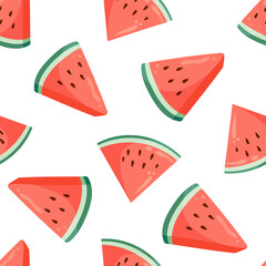 Juicy watermelon slices seamless pattern. Summer fruit flat vector illustration. Tropical fruit background for baby fabric, kids textile, packaging, wrapping, scrapbook, wallpaper.