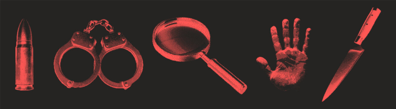Retro red halftone clipart. Key elements of crime scenes: a bullet, handcuffs, magnifying glass, handprint, and knife. Ideal for crime fiction, thriller, and investigation themes.