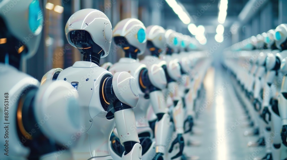Poster a long line of white robots stands in a brightly lit factory, their heads turned in unison, awaiting
