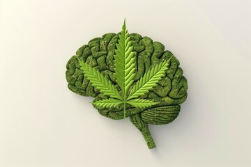 A marijuana leaf on a 3D brain model symbolizes the link between cannabis and the human mind, with the leaf covering most of the brain, indicating a strong influence