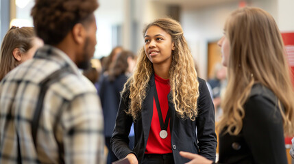 A telephoto angle photo of students interacting with a guest speaker during a special event, highlighting learning beyond the classroom, with copy space