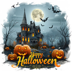 Fototapeta premium Happy Halloween gold message, pumpkin bat, witch, castle, design background, vector illustrations 
