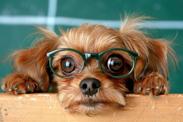 Naklejka premium A small dog wearing spectacles peers intently from behind a desk. It's hard to tell if the dog is studying or simply contemplating the world around them