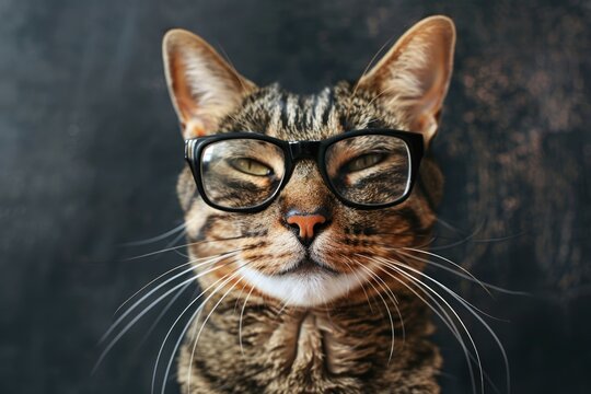 A tabby cat wearing spectacles stares intently at the viewer, its whiskers twitching