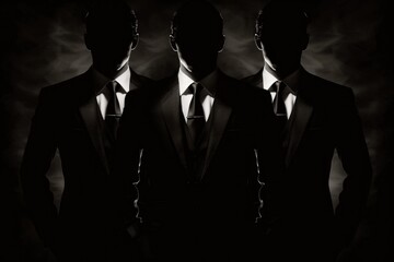 Three men in suits stand in darkness, their faces obscured. The only light comes from behind them, creating a dramatic silhouette