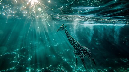 Naklejka premium Sparkling sunlight on ocean, giraffe in water, minimalist, oceanic blues