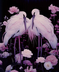 A pair of storks among pink flowers