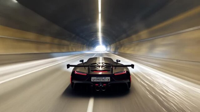 A black sports car with a large wing drives through a tunnel, heading towards a bright light at the end.