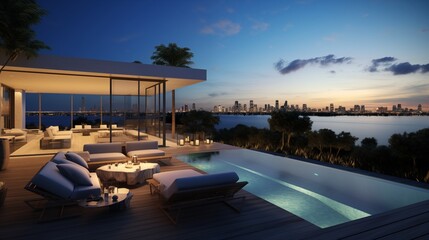 Fototapeta premium Modern villa with a private rooftop infinity pool overlooking the Miami skyline in Florida