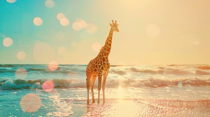 Sparkling sunlight on the sea, giraffe theme, minimalist, jewel tones