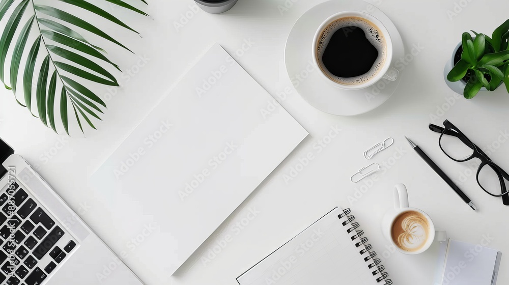 Wall mural office desk with a white table featuring a blank notebook computer supplies and a coffee cup top vie