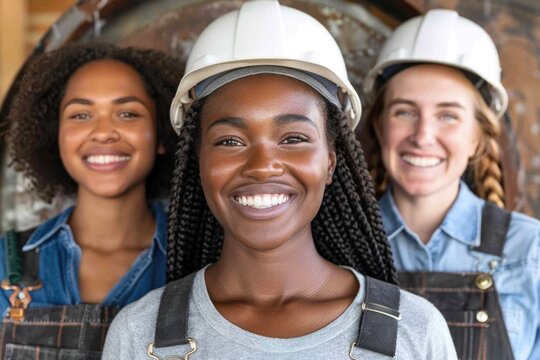 Three women in hard hats, each with a bright smile, stand shoulder to shoulder, their workwear suggesting a shared sense of purpose and camaraderie