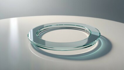 thin glass circle, seen from a side angle with a rotated perspective. It is brilliantly illuminated and stands against a pristine white background, showcasing a minimalist design, perfect for 8K resol
