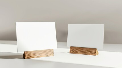 Realistic 3D vector illustration of a white empty blank paper sheet or card on a wooden holder Closeup view isolated suitable for mockups menu frames and booklets