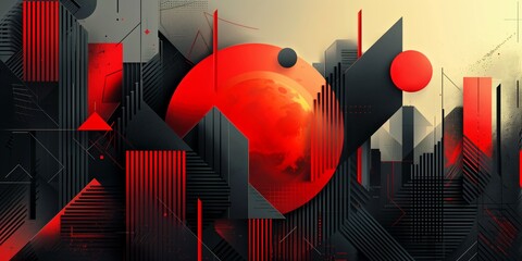 High-quality abstract geometric cityscape in red and black, ideal for modern and tech-themed designs.
