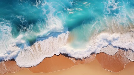 Fototapeta premium Overhead photo of crashing waves on the shoreline beach. Tropical beach surf. Abstract aerial ocean view