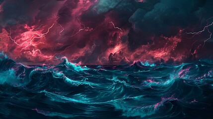 Stylized dark ocean storm with crimson lightning, dynamic waves against a deep teal night sky
