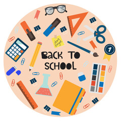 Back to school vector design with stationery items. Set of school supplies on background. 1st of September. Educational collection of isolated objects