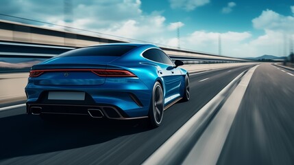 Obraz premium Rear view of blue Business car on high speed in turn. Blue car rushing along a high-speed highway.