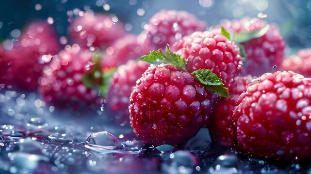 Ripe raspberries with water drops on a dark background
