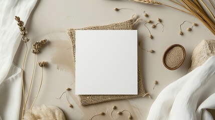 Square invitation card mockup featuring lagurus grass on a beige table setting