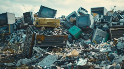 A mountain of discarded electronic devices, including televisions and computers, lies in a field