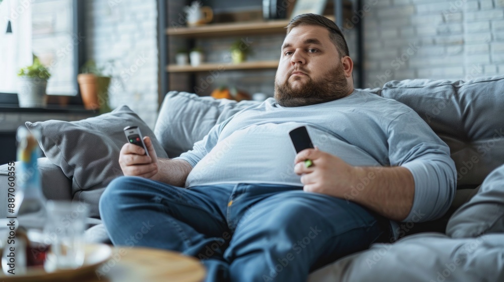 Poster a man with a beard is sitting on a couch holding a remote control