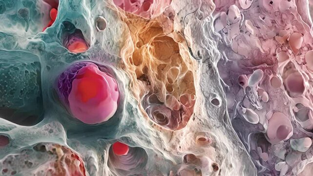 A microscopic view of a stem cell niche within the bone marrow illustrating the complex interactions between hematopoietic stem cells and different types of supporting cells.