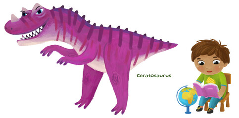 cartoon happy and funny colorful prehistoric dinosaur dino ceratosaurus isolated illustration with child pointing on animal and reading learing school book of natural history