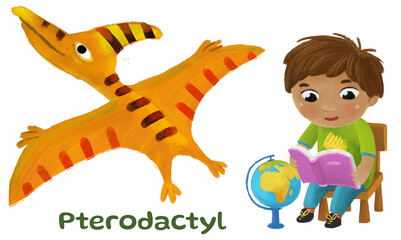 cartoon happy and funny colorful prehistoric dinosaur dino pterodactyl bird isolated illustration with child pointing on animal and reading learing school book of natural history © honeyflavour